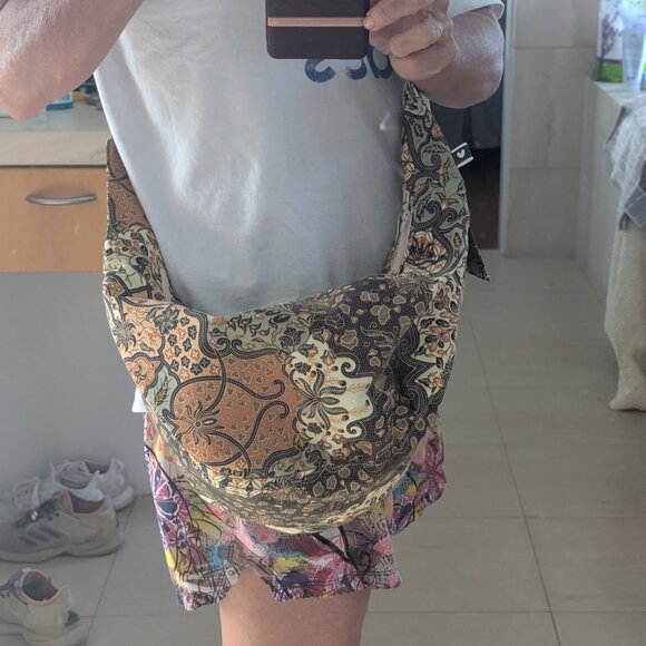 HOMEMADE CROSSBODY BAG-BEAUTIFUL EXOTIC FABRIC-BROWNS/TANS/SAGE-UNUSED - Picture 11 of 11